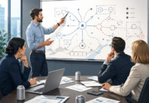 Hemp Beverage Operators Build Plan B Ahead of November Ban Illustration of hemp beverage operators in a conference room reviewing a whiteboard strategy plan with flowcharts, charts, and unbranded cans on the table.