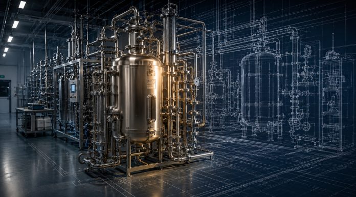 How Cannabis Manufacturers Can Fix Throughput Bottlenecks Extraction equipment shown beside an architectural blueprint of a cannabis manufacturing system