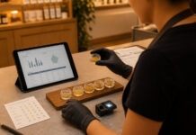 What’s Driving Demand for Premium Cannabis Concentrates? Dispensary employee comparing cannabis concentrates and batch lab information at a retail counter.