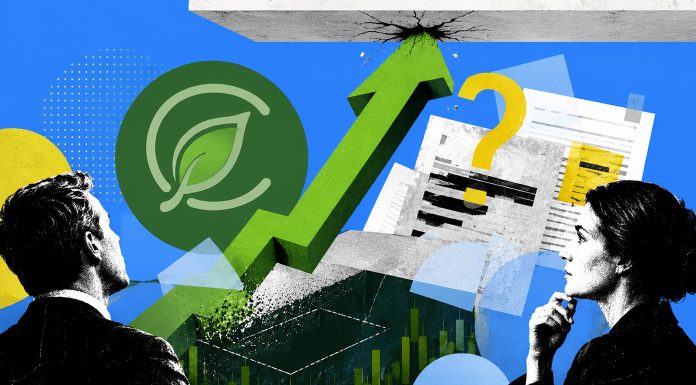 Curaleaf’s Aurora Bid Has a Cap, No Floor, and a Contradiction An illustration shows a Curaleaf logo, an arrow climbing upward to smash into a ceiling, and a pile of financial documents.