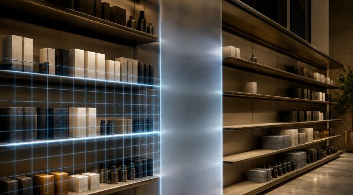 The Retail Intelligence Gap Holding Cannabis Brands Back Unbranded retail products sit on illuminated shelves partially obscured by a gap in an analytical grid.