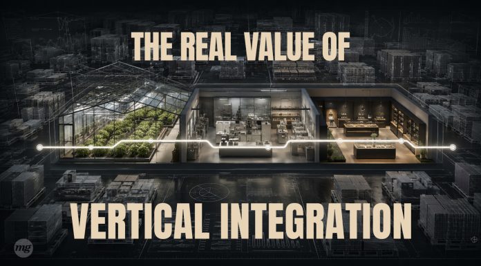 Vertical Integration Is an Oversupply Hedge, Not a Margin Play Conceptual cross-section connecting cultivation, manufacturing, and retail operations amid excess inventory.